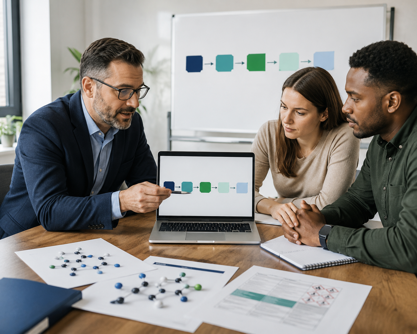 Regulatory consultant presenting a compliance workflow during a client meeting