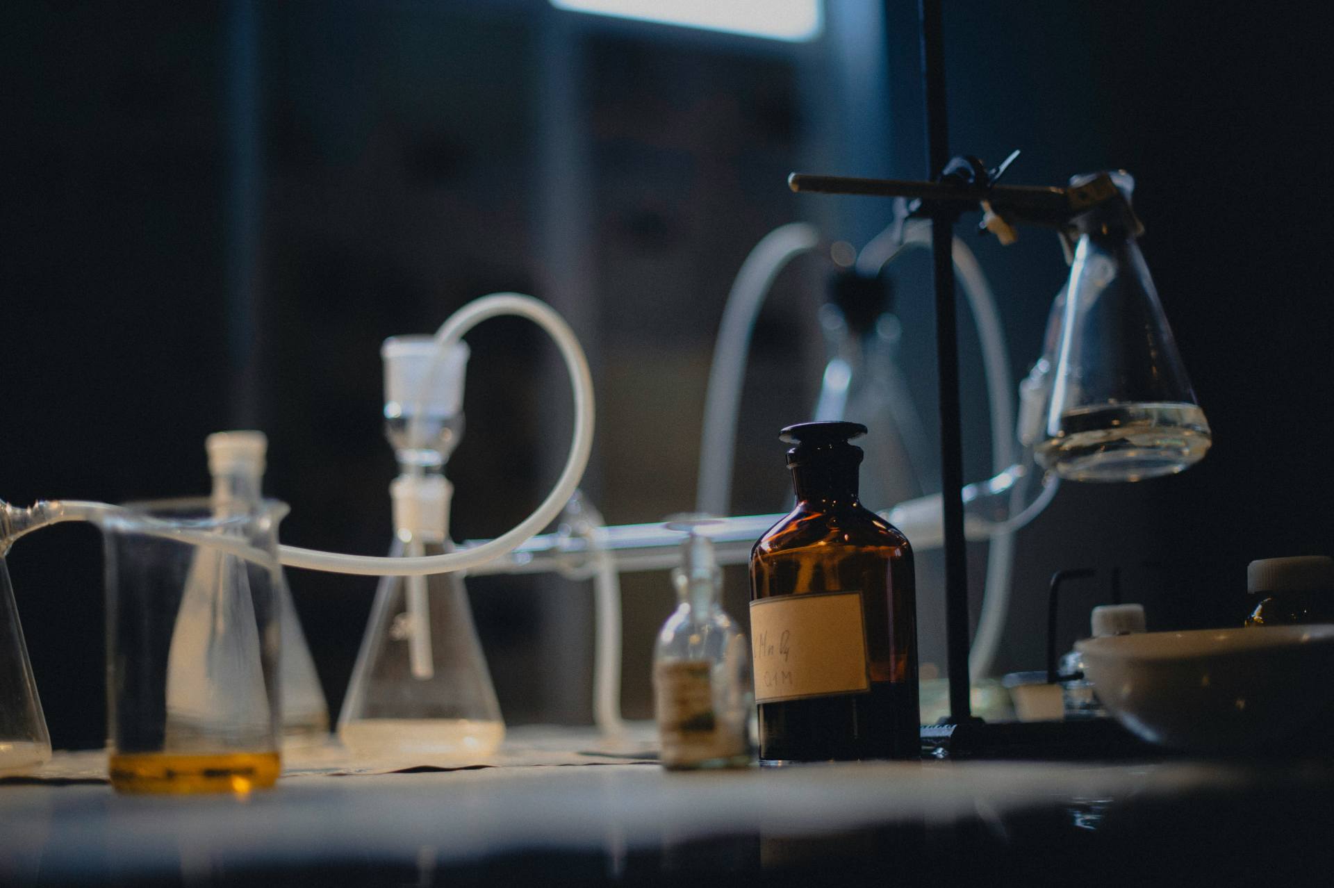 Laboratory glassware arranged for analytical testing