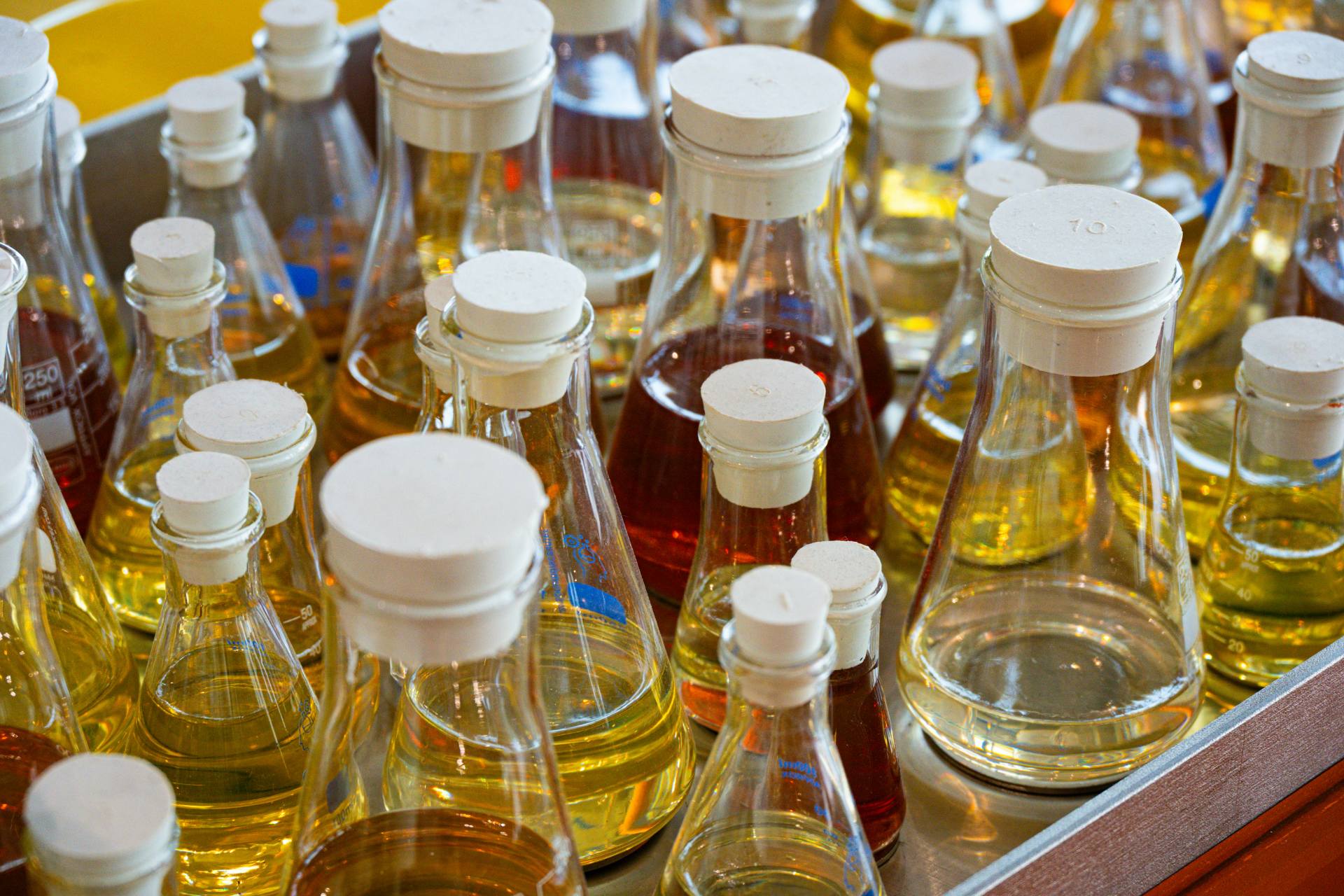 Rows of bottled chemical samples in a laboratory