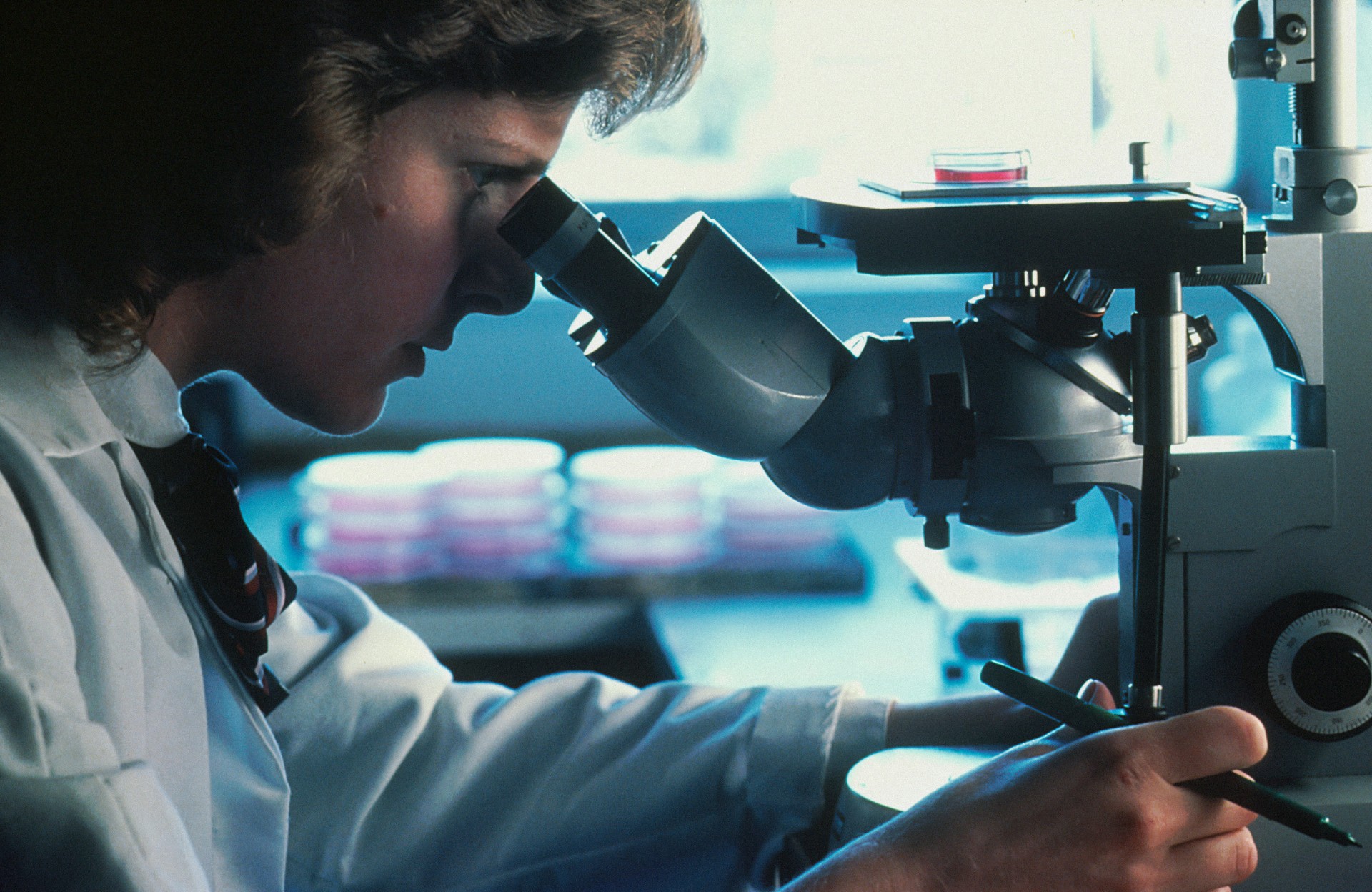 Scientist examining a sample through a laboratory microscope